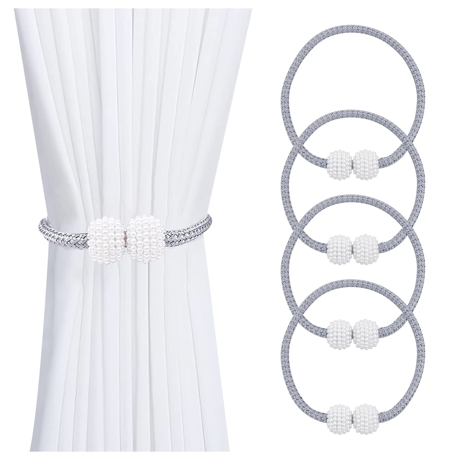 FuninCrea Magnetic Curtain Tie Backs, 4pcs Shower Curtain Tiebacks with Long Pearl Ball, 40cm Rope Curtain Holdback Curtain Holder Buckles for Home, Office, Hotel (gray)