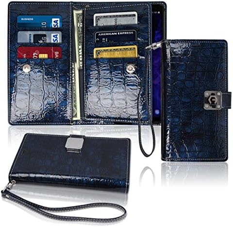 S9 Wallet Case, Glossy [ 9 Pockets ] for 6 ID / Credit Card 3 Cash Slots, S9 (5.8") Power Magnetic Clip With Wrist Strap For Samsung Galaxy S9 Leather Cover Flip (Blue, S9 (5.8"))