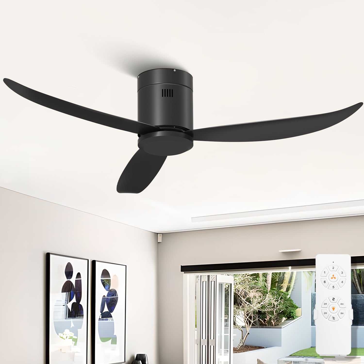 Photo 1 of Frstem 52" Flush Mount Ceiling Fan No Light with Remote Control, Modern Low Profile Ceiling Fan without Light, 3 Blades/6-speed/Timer/Quiet DC Motor, for Bedroom Living Room Kitchen Patio (Matt Black)