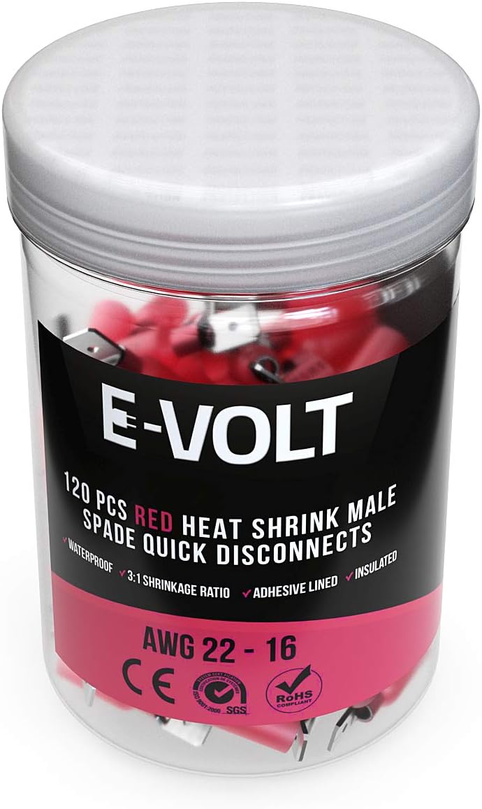E-VOLT Male Spade Crimp Connectors– 120 PC Red Quick Disconnect 3:1 Heat Shrink Ratio Insulated 22-16 AWG Wire Connecting Terminals – Industrial Grade Automotive, Audio and Marine Crimp Connectors : Sports & Outdoors