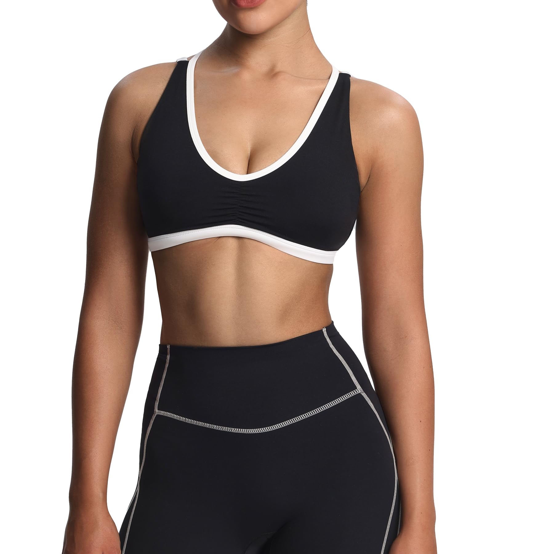 Photo 1 of **Bottoms only** Aoxjox Women's Workout Fitness Rory Ruched Sports Bras Yoga Crop Tank (Black and White, Medium)