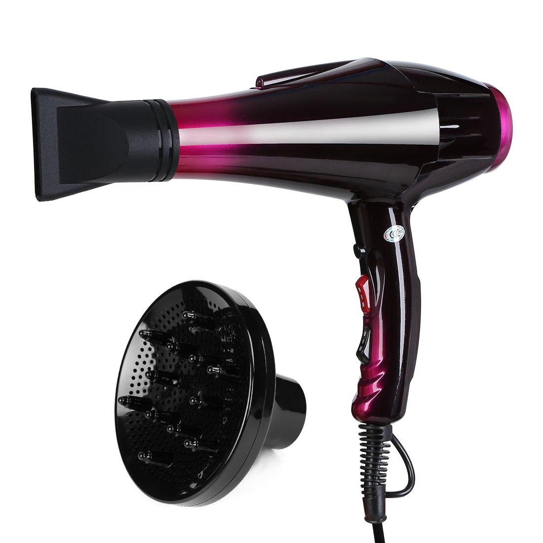 Secador de Pelo Motor Profesional AC de W con Función Lonic Cerámica Boquillas Concentradoras y Difusor Velocidades y Temperatura Seca el Pelo Rapidamente Color Rojo+Negro.