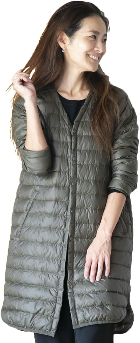 Amazon ダウンジャケットレディース インナーダウン ウルトラライトダウン ロング丈 収納袋付き 軽量 防寒 暖かい シンプル ウルトラライト ダウン コート 春秋冬 カーキl コート ジャケット 通販