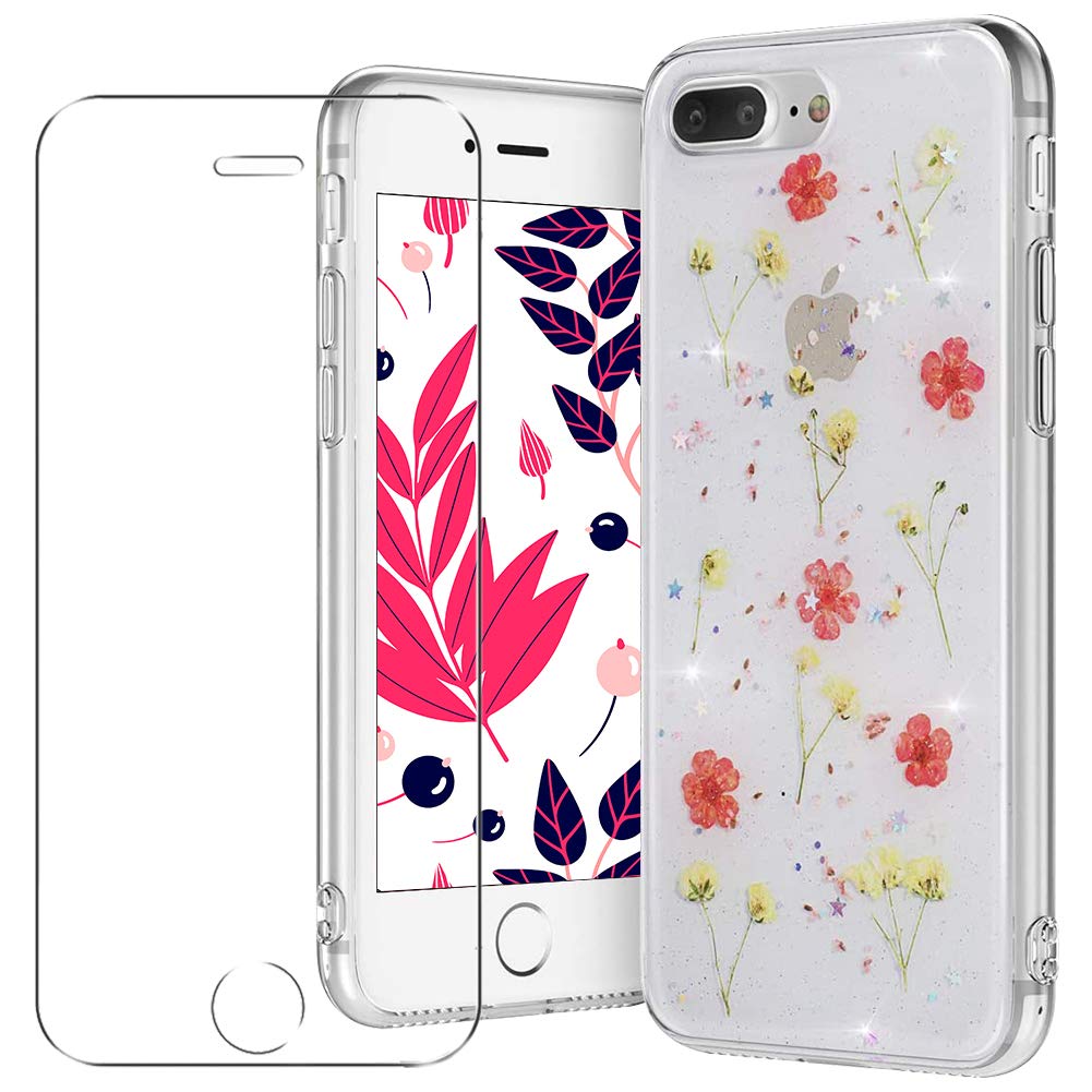MadBee Compatible iPhone 8 Plus/iPhone 7 Plus Case 5.5 Inch [With Tempered Glass Screen Protector], Bling Shiny Dried Flowers Clear Sparkle Glitter Soft TPU Silicone Gel Case Cover - Red