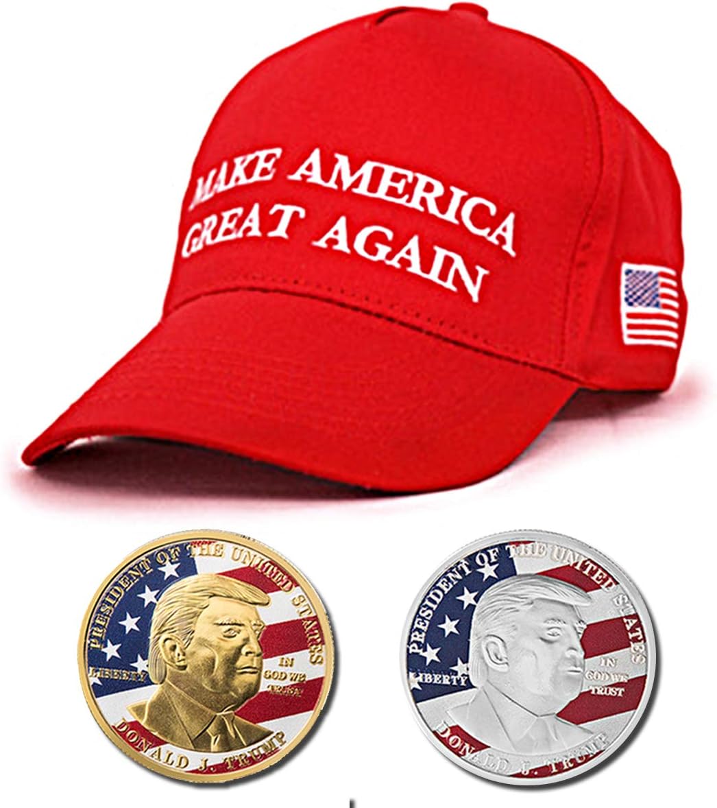JETTINGBUY 3-Pack 2018 USA President Donald Trump Pack, 1Pc Trump Sport Hat + 2Pcs Official Authentic 24k Gold-Plated Donald Trump Commemorative Coins in Gold and Silver