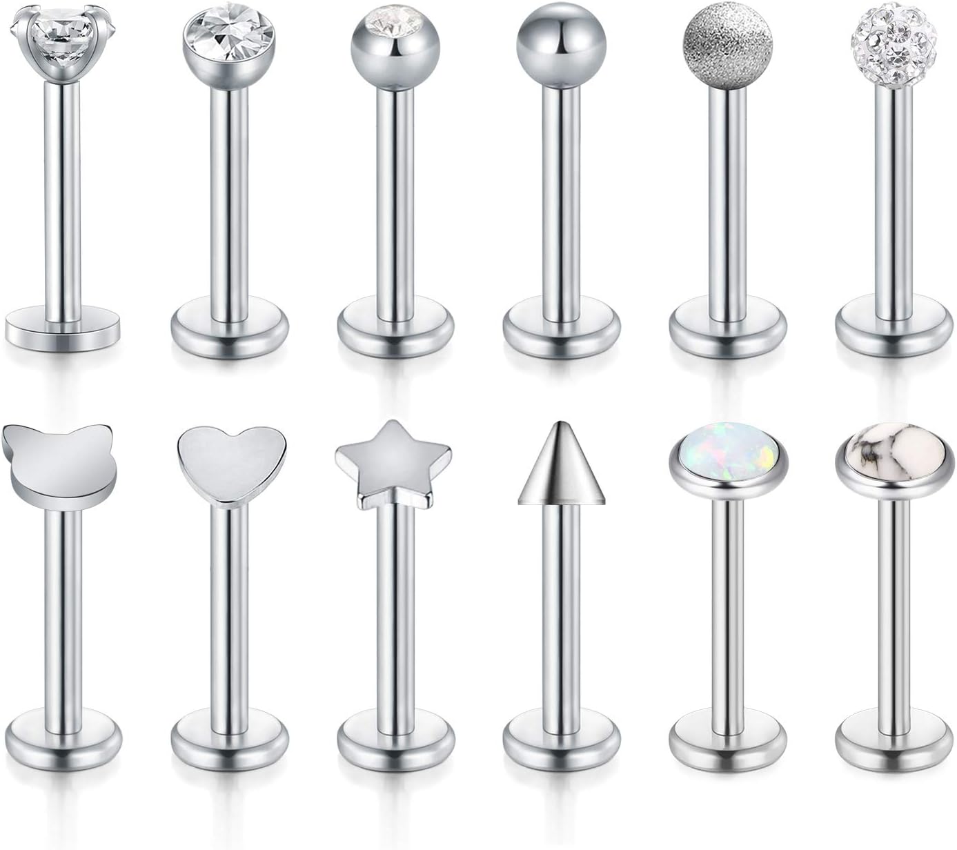 12pcs Lip Bars Labret Tragus Helix Cartilage Studs Stainless Steel 8mm Silver Monroe Medusa Piercing