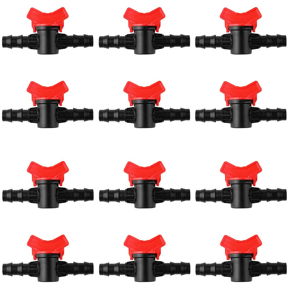 BCTHLBF 12 PCS Drip Irrigation Switch Valve, 16mm PE Tube, Globe Valve, Plastic Body, Black, Red