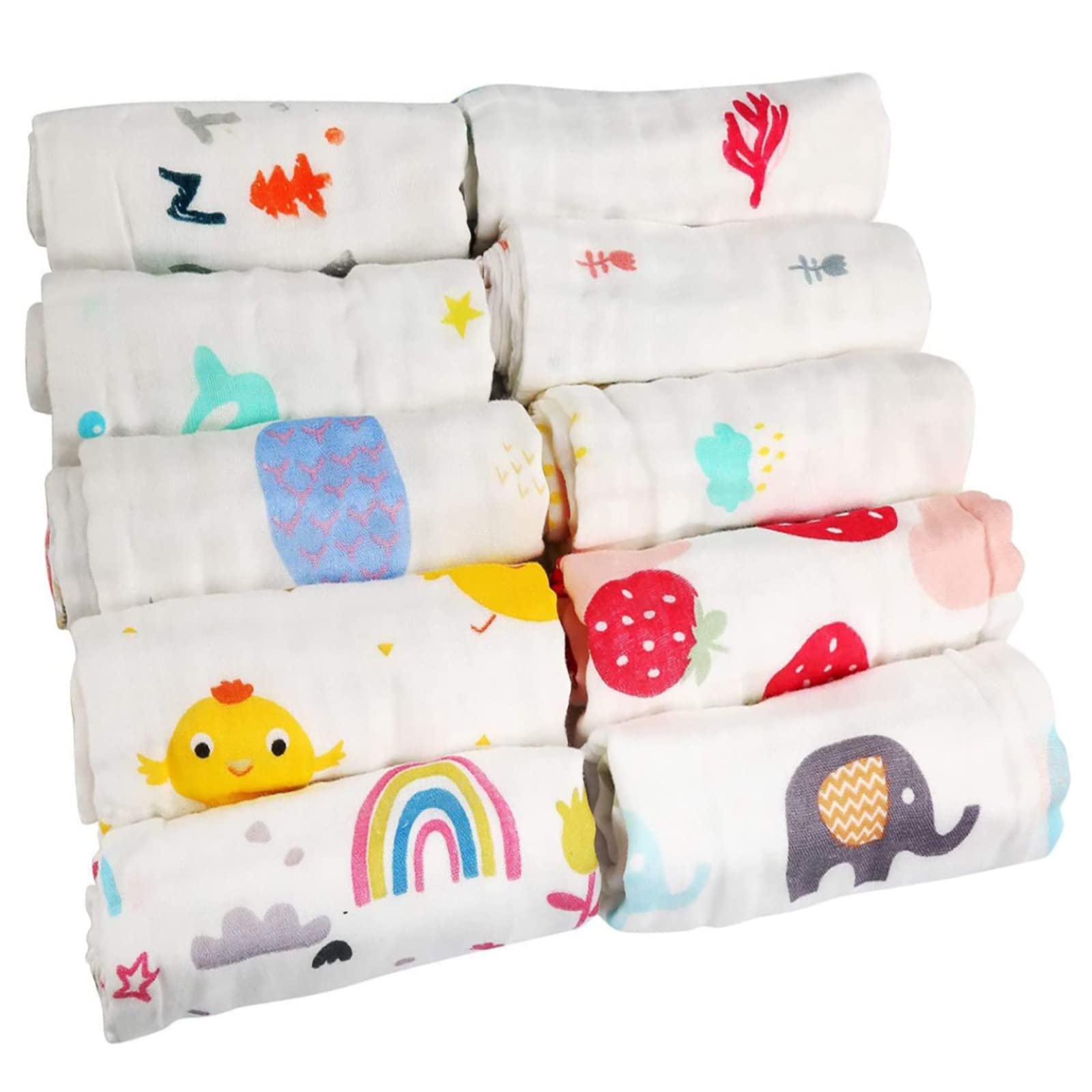 10Pcs Baby Muslin Washcloths, Absorbent & Breathable Face Cloths, Reusable Cotton Squares for Baby Shower, Bath & Feeding Towel (Random Pattern)