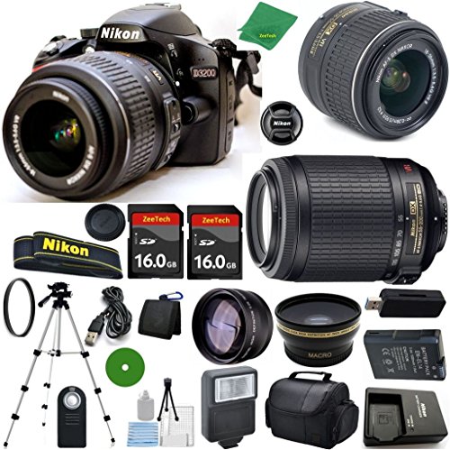 Nikon D3200 International Version - No Warranty, 18-55mm f/3.5-5.6 DX VR, Nikon 55-200mm f4-5.6G VR Nikkor, 2pcs 16GB ZeeTech Memory, Case, Wide Angle, Telephoto, Flash