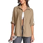 Womens UPF 50 Long Sleeve Sun Shirt Safari Hiking Quick Dry UV Protection Button Up Travel Shirt for Fishing Gardening Africa