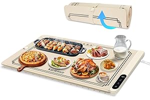 KARIENVIR Warming Mat for Food 500W, Upgrade High-tech Graphene Food Warming Mat, Silicone Warming Tray, Heating Fastly in 10s, 7MM Raised Feet, 6 Level Temp & 6 Timer Setting, Warming Tray Rollable, Beige