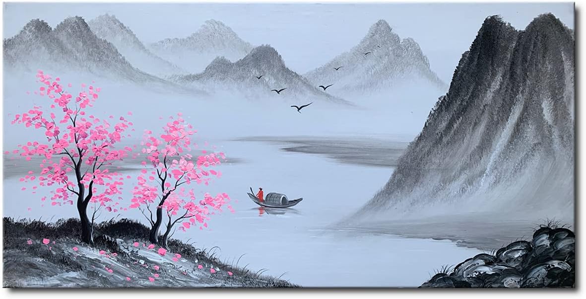 Paintings - AIANHUA Handmade Traditional Chinese Painting Black and White Mountain Landscape Lake Canvas Wall Art Pink Tree Artwork
