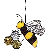 HAOSUM Bee On Honeycomb Stained Glass Window Hangings, Bees Suncatcher Garden Bee Decor Gift for Mom Women