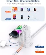 Addtam 13A 3250W 8 Way Tower Extension Lead with 4 USB Ports USB-C & USB-A view 3