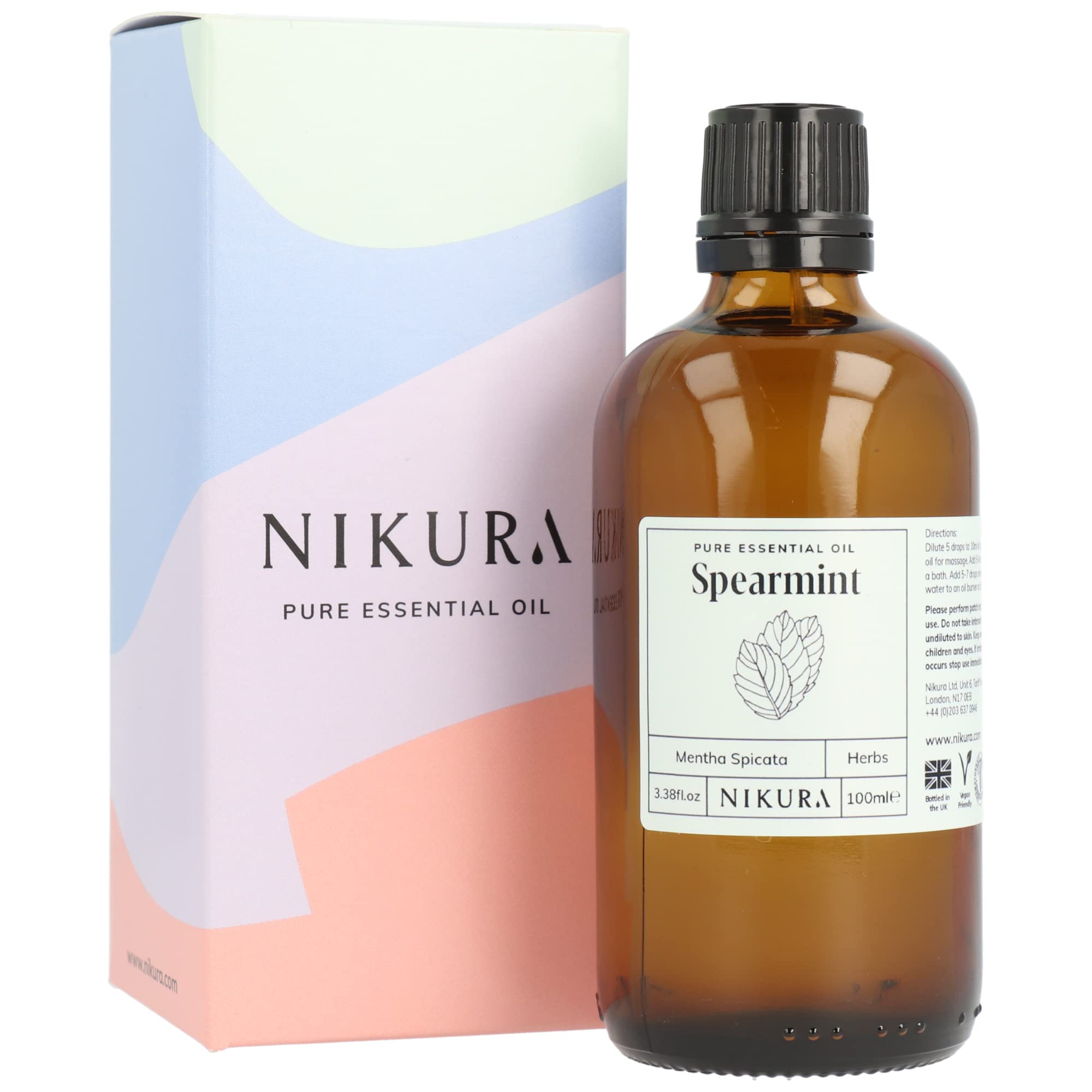 Nikura Spearmint Essential Oil - 100ml | 100% Pure Natural Oils | Perfect for Hair Care, Spider Repellent, Energy Boost, Candle Making | Great for Self Care, Massage, Skin | Vegan & UK Made