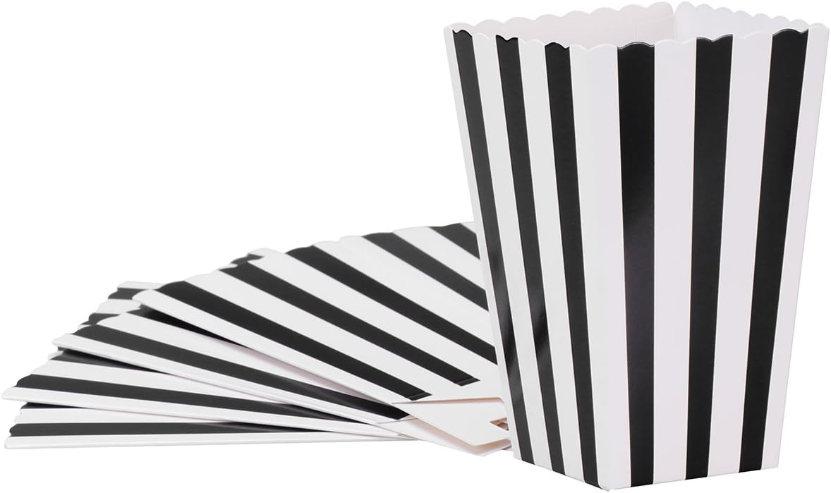 NUOLUX Popcorn Boxes Paper Containers Cartons for Movie Theater Party Supplies Wedding Favors 4.7X7 Inch White Stripe Box Holders 24Pcs