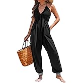 CUPSHE Women's Plunge Halter Sleeveless Pleated Long Romper Knit Jogger Maxi Jumpsuit with Pockets
