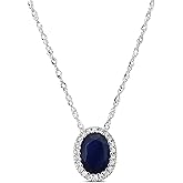 KOKAV 14K White Gold Genuine Sapphire and Diamond Halo Pendant Necklace, 1Ct Oval