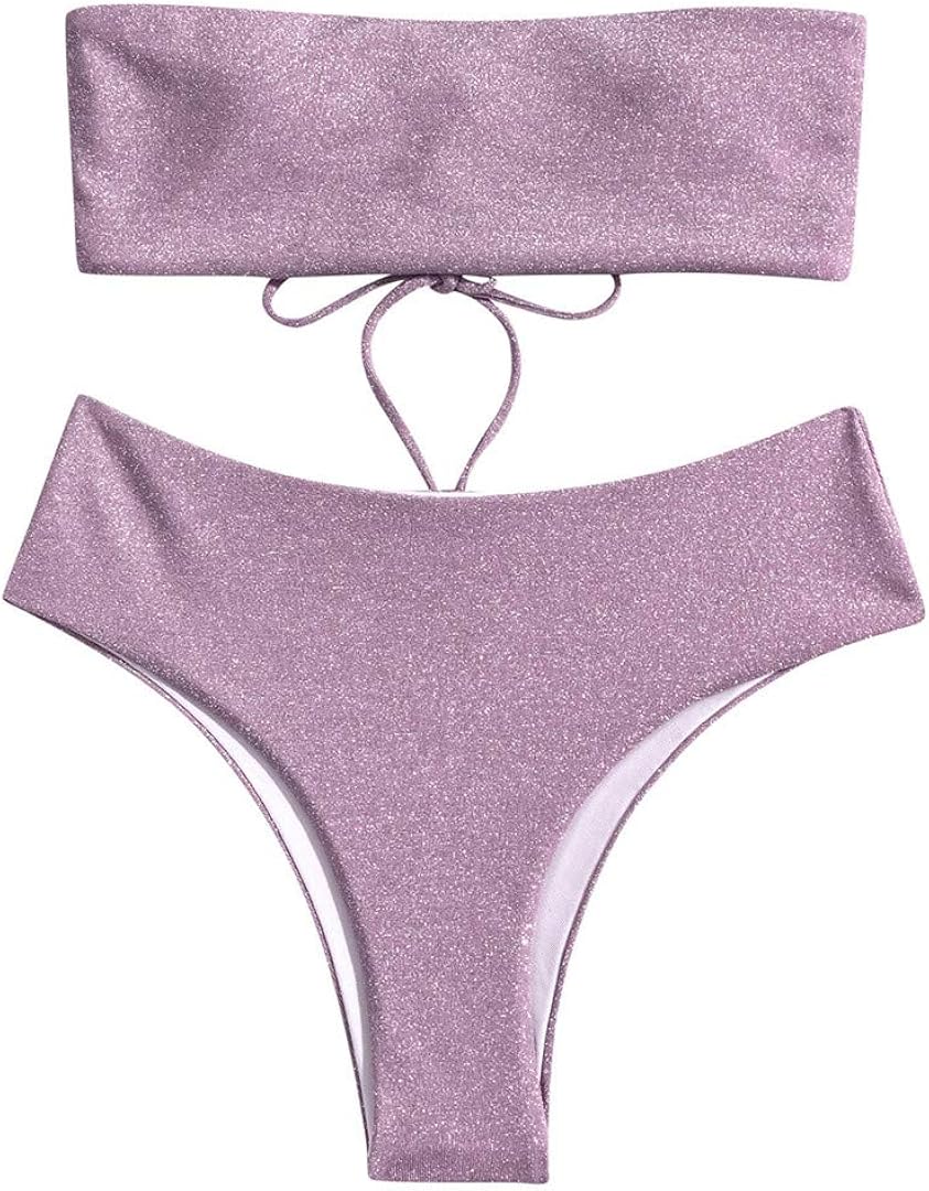 Sexy Swimsuit Lady Tube Top Shiny Glitter Bikini Set Women Solid Color