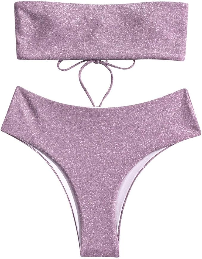 Sexy Swimsuit Lady Tube Top Shiny Glitter Bikini Set Women Solid Color