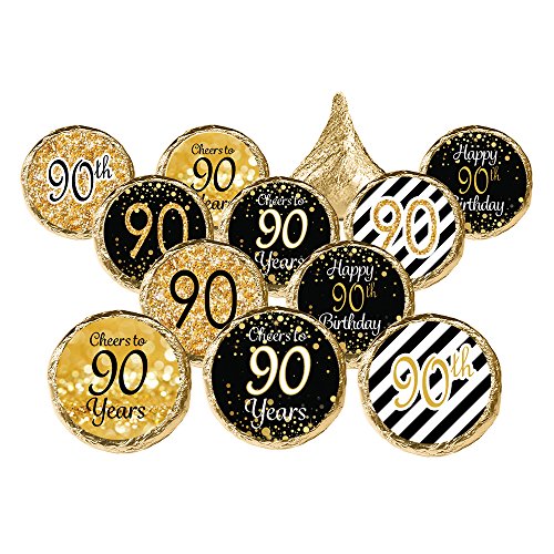 DISTINCTIVS 90th Birthday Party Favor Stickers - Gold and Black (Set of 324)