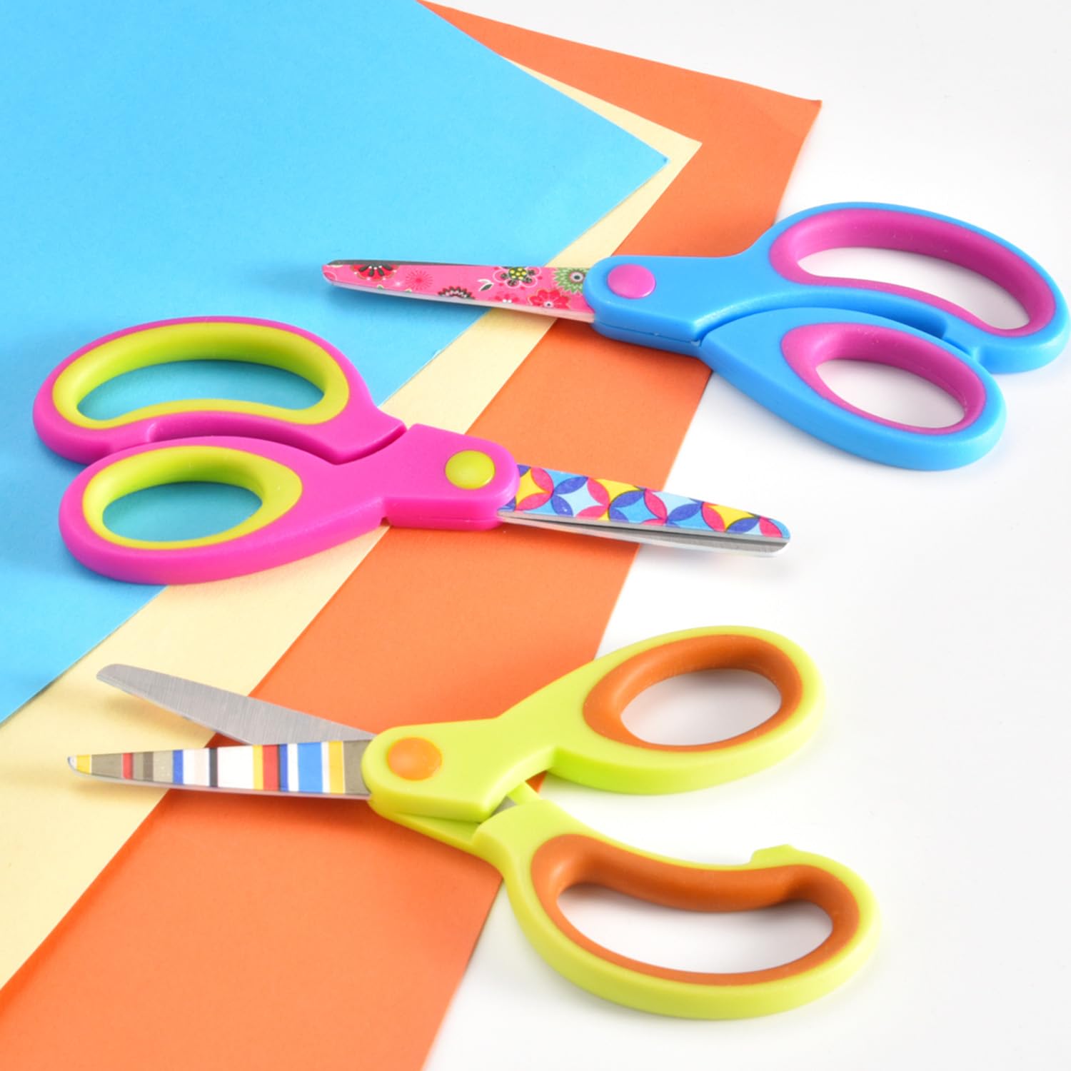 Zicolu Kids Scissors Set of 3 pack, Safety Children Scissors, Craft Scissors with Blunt Tip Floral Print Blade and Soft Grip, Great for Home and School, Blue/Purple/Yellow, 5 inch