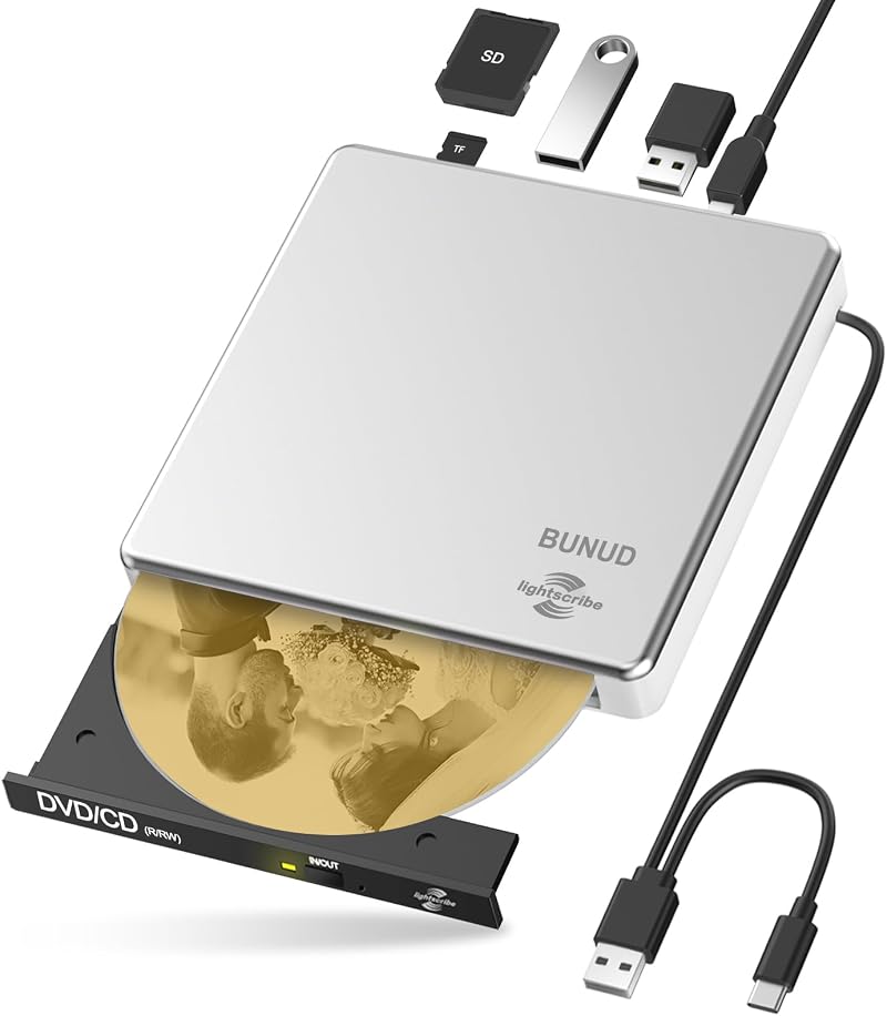 BUNUD External CD/DVD Drive USB 3.0 Type-C Lightscribe with SD/TF Slot