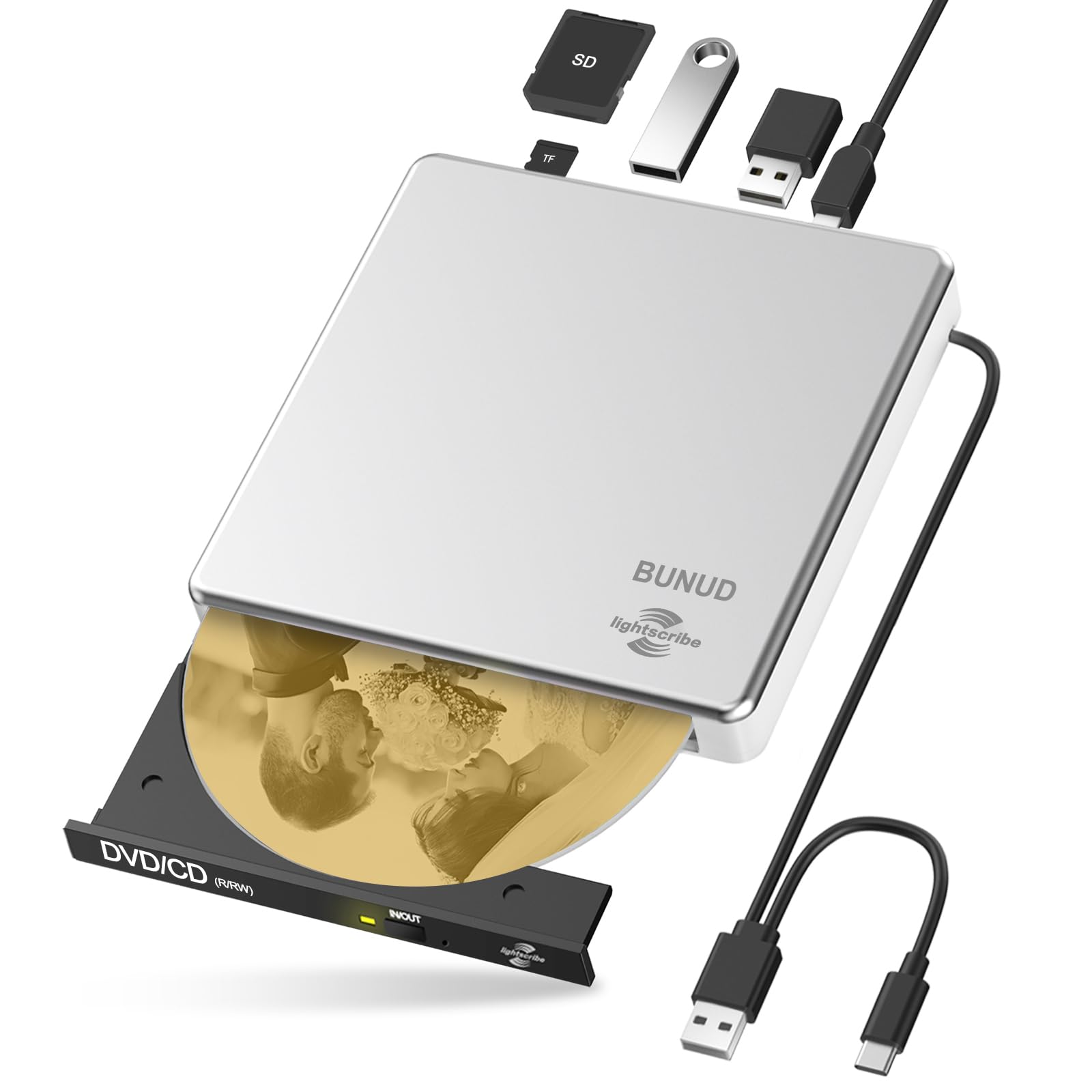External CD DVD Drive, USB 3.0 & Type-C Lightscribe DVD Burner for PC DVD Reader with SD/TF Slot and 2 USB, Slim Optical External Drive for Mac Laptop MacBook Pro Air Windows iMac