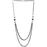 COOLSTEELANDBEYOND Long Statement Necklace, Multi-Strand Waterfall Long Chains with Crystal Charms, Silver Black