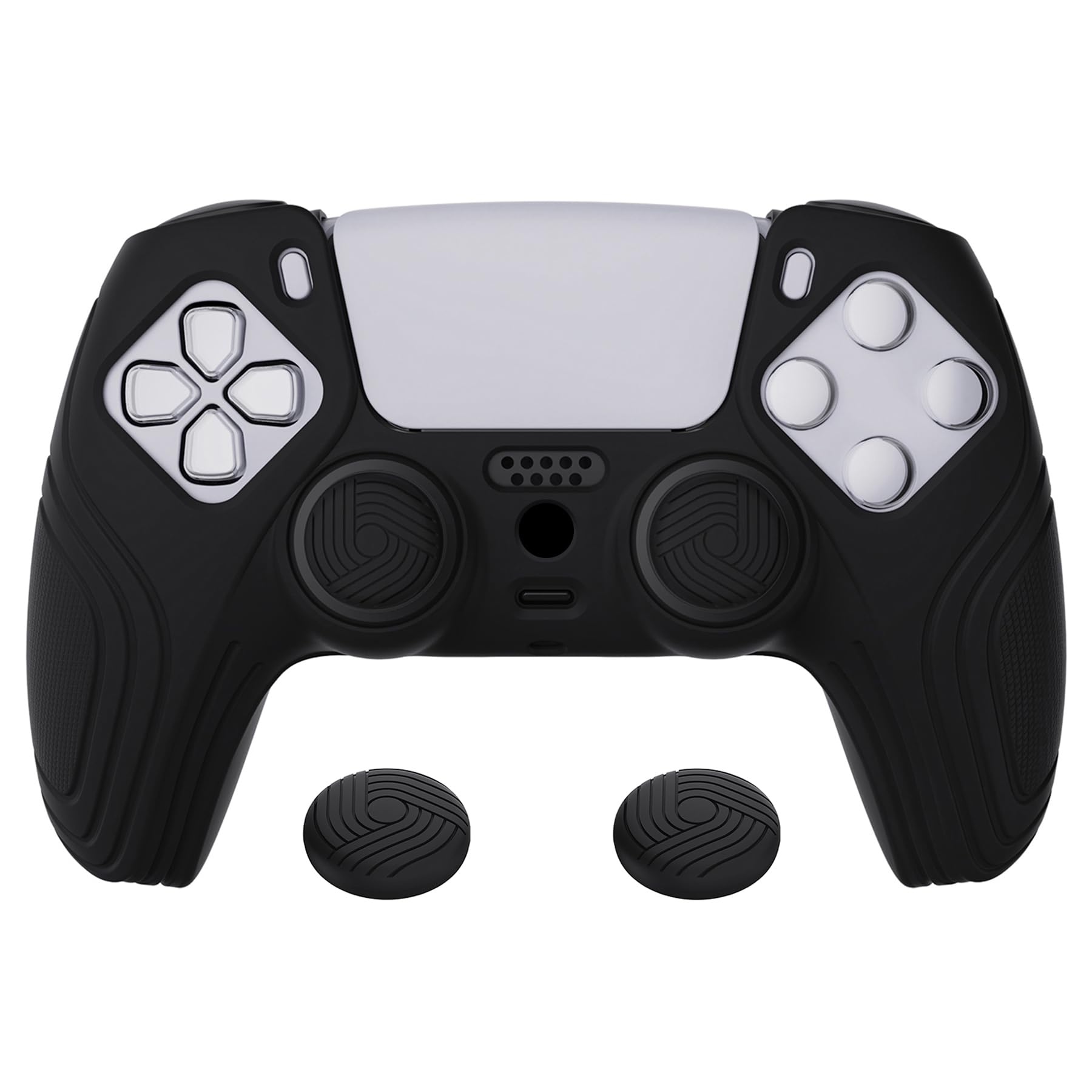 eXtremeRate PlayVital Samurai Edition Black Anti-Slip Controller Silicone Skin for ps5, Ergonomic Soft Rubber Protective Case for ps5 Controller with Black Thumb Stick Caps