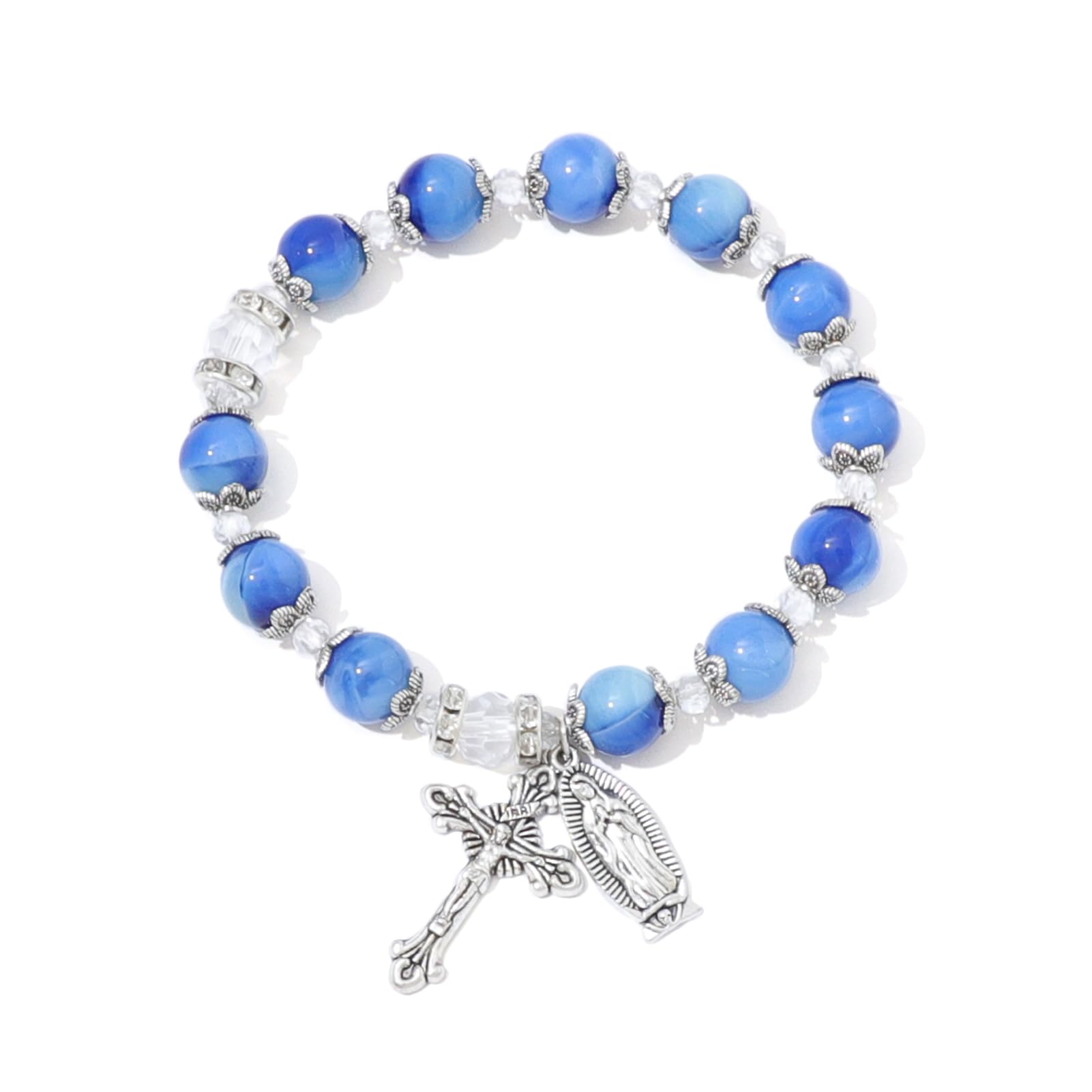 KOMI Gemstone Beaded Stretch Bracelet 8mm & 10mm Beads Rosary Bracelet with Crucifix Cross, Beads Bracelet for Women & Men Catholic Religious Jewelry