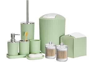 BTHENOV Bathroom Accessory Set - 10 Piece Green Bathroom Accessories Set with Trash Can, Toothbrush Holder and Cup, Soap Dispenser, Soap Dish, Toilet Brush Holder, Vanity Tray, Qtip Holder, Tissue Box Cover