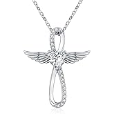Qikdez 925 Sterling Silver Cross Necklace for Women, 18K Gold Plated or Silver Cross Pendant with 5A Heart Cubic Zirconia, Angel Wings Crucifix Faith Jewelry for Wife Mom