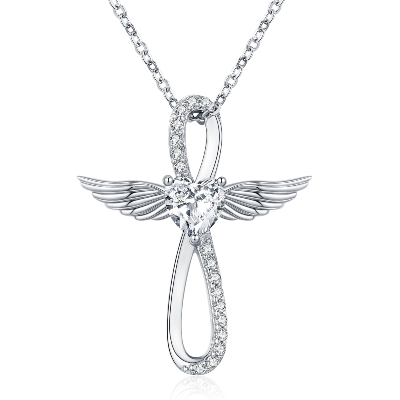 Qikdez Cross Necklace for Women 925 Sterling Silver, Infinity Cross Pendant with Cubic Zirconia Angel Wings Faith Jewelry for Birthday Anniversary