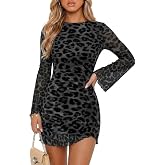 Acelitt Women's Leopard Print Long Sleeve Dress(Too Tight, Please Size Up) | Stretchy Linen Mesh, Y2K Cheetah Print, Elegant A Line Dinner Party Dresses, Fall Outfits for Cocktail, Date Night, Going Out