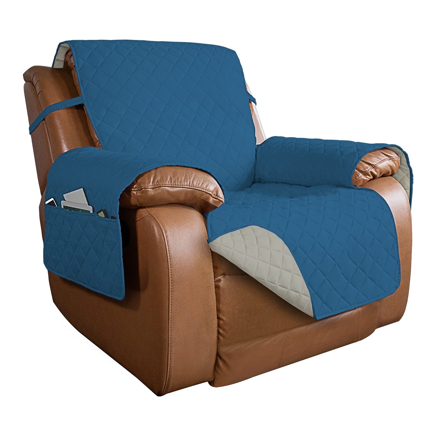 PureFit Reversible Quilted Sofa Cover, Water Resistant Slipcover Furniture Protector, Washable Couch Cover with Non Slip and Elastic Straps for Kids, Dogs (Oversized Recliner, Peacock Blue/Beige)