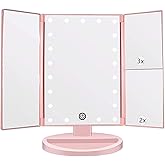 Flymiro Tri-fold Lighted Vanity Makeup Mirror with 3x/2x Magnification,21 LED Lights and Touch Screen,180 Degrees Free Rotation Countertop Cosmetic Mirror,Travel(Pink)