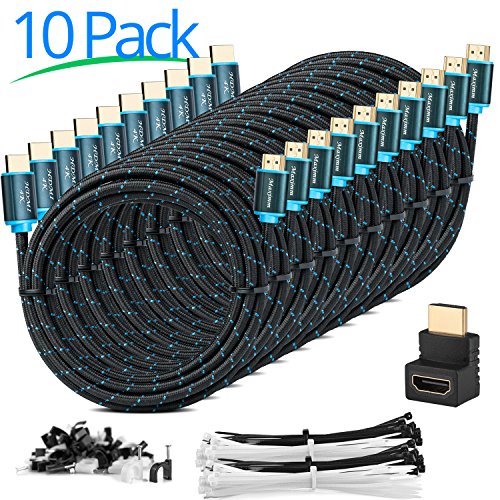 Maximm High-Speed HDMI 2.0 4K Nylon Braided Cable, 10 Feet, 10-Pack (Includes Cable Clips, Ties and Right Angle Adapter)
