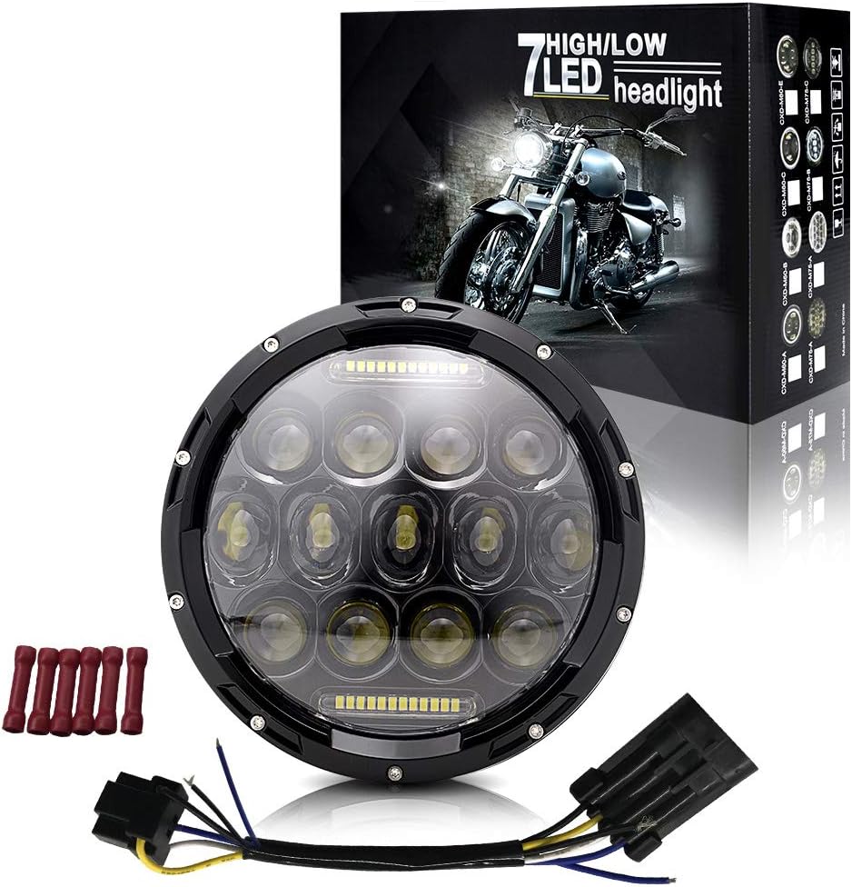 AOSI 7 Inch Round LED Headlight White Angel Eye Halo High Low Beam Daymaker Style Projection lens For Jeep JK TJ CJ LJ Wrangler Harley Davidsion Yamaha Road Star V Star Motorcycle 75W by AOSI