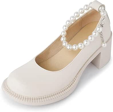 Amazon.com: Samtiny Zapatos Mary Jane de cabeza redonda para mujer, cómodos  tacones gruesos y perlas, correa al tobillo : Ropa, Zapatos y Joyería