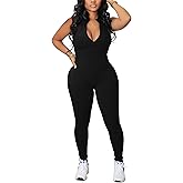 chicyes Women's Bodycon Sexy Jumpsuits Workout Seamless One Piece Ribbed Zipper Rompers Plus Size Outfits