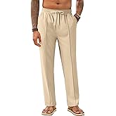 Makkrom Mens Casual Pants Elastic Waist Drawstring Lightweight Summer Loose Beach Straight Leg Pants with Pockets