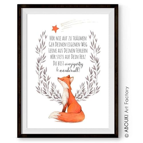 Hör nie auf zu träumen - einzigartiger mit Wunschnamen personalisierbarer Kunstdruck von ABOUKI - ungerahmt - mit Motiv Fuchs