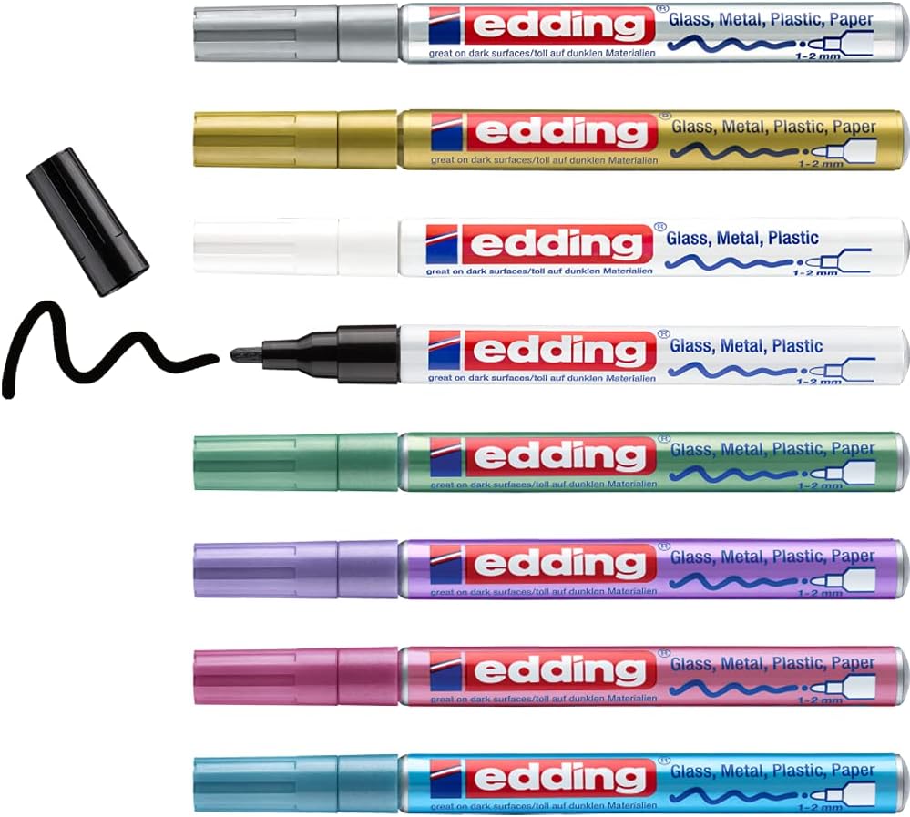 edding 751 gloss paint marker set, black white gold silver blue green violet pink (metallic), 8 pens, round nib 1-2 mm