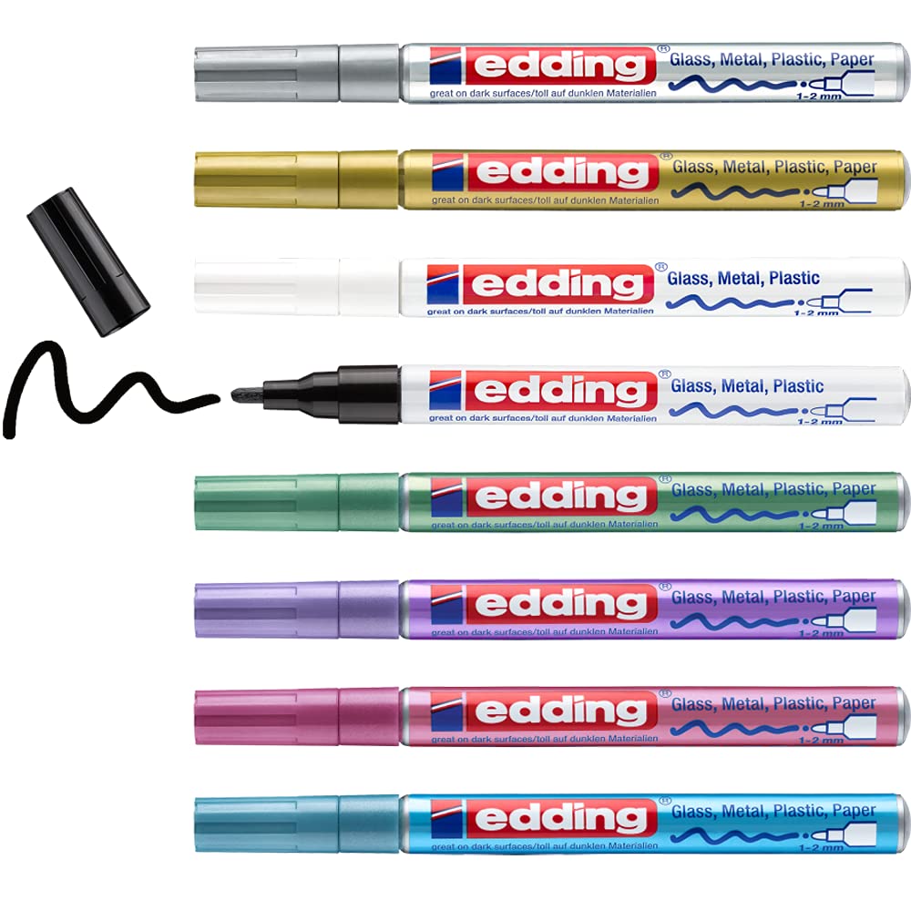 edding 751 gloss paint marker set - black white gold silver blue green violet pink (metallic) - 8 pens - round nib 1-2 mm - paint pen for glass pebbles wood plastic paper - waterproof, high coverage