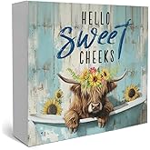 Rustic Bathroom Decor Farmhouse Hello Sweet Cheeks Wooden Sign, Toilet Rules Decoration for Farmhouse Apartment Shelves Toilet Restroom Home Tabletop Desk, Modern Toilet Shelves Accessory (Highland Cow)