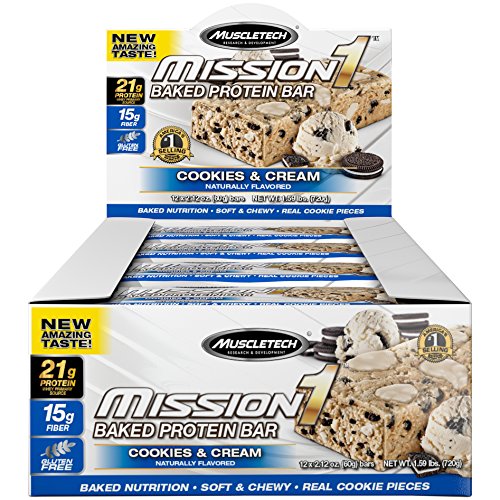 MuscleTech Mission1 Clean Protein Bars, Ultimate Baked Protein Bar, High Protein, Low Fat, Cookies and Cream, 2.12 Ounce (Pack of 12 - 1.59 Pounds)