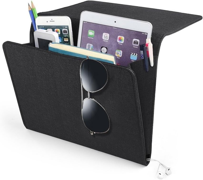 Bedside Caddy, YUEMI Bed Caddy Organizer with 1 Large and 2 Small Pockets for Tablet Phone Bedside Gadget Book Magazine Storage Holder (Black)