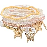 4Pcs Set Bohemian Butterfly Crystal Stone Stretch Pendant Bracelets for Women Gold Beaded Stackable Stretch Bracelet Colorful Charm Jewelry Boho Summer Beach-Bead