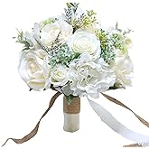 Fiwisora 9.8" Bridal Holding Wedding Bouquet Real-Looking Mixed Flowers Ivory Greenery Bridal Throw Bouquet for Brides Bridesmaid Wedding Hold Flower, Ivory